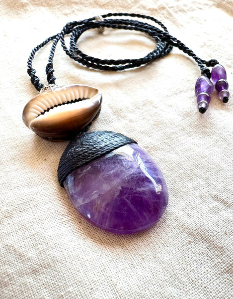 amethyst + cowrie shell necklace
