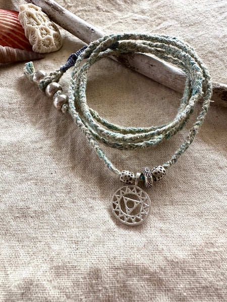 silk sari + silver wrap bracelet/necklace